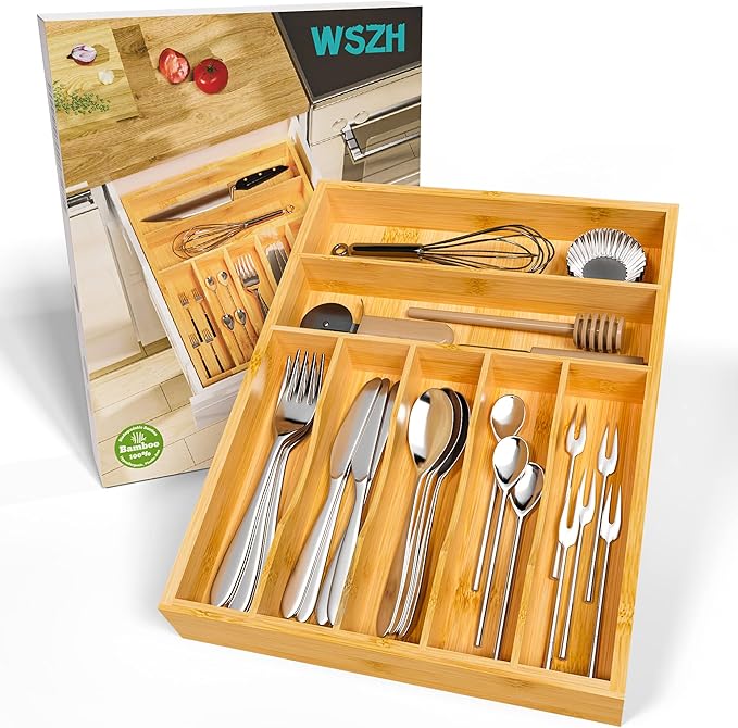 Flatware Organizer Silverware Drawer Organizer - 7 Slots Bamboo Cutlery Tray Multipurpose kitchen Drawer Organizer for Silverware, Utensils, Cutlery, Flatware, Knives W13”x L17” (Yellow)