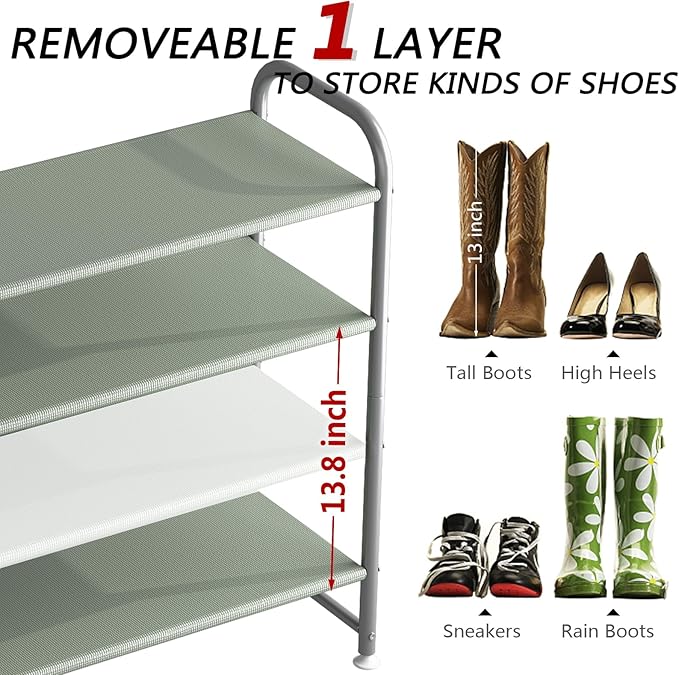 Shoe Rack 4 Tier Long Storage Organizer Wide Metal Shoe Shelf for Closet Entryway Grey