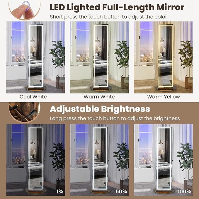 CHARMAID 360° Rotating Jewelry Armoire with LED Lighted Full Length Mirror & Built-in Vanity Mirror, Lockable Standing Jewelry Cabinet with Lights, Large Storage Organizer for Jewelry (Rustic Brown)