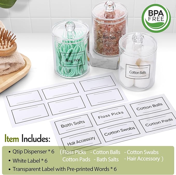 AOZITA 6 Pack Acrylic Qtip Holder Dispenser for Cotton,Swab, Ball, Round Pads, Floss Picks - Clear Plastic Apothecary Jar Set, Bathroom Canister Storage Organization, Vanity Makeup Organizer