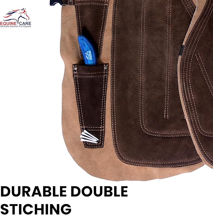 Equine Care Farrier Apron Chaps – Cowhide Suede Leather, Foam Padded Thigh and Back Support, Adjustable Waist, Tool Pockets, Magnetic Nail Holders (27 inches (70 cm))