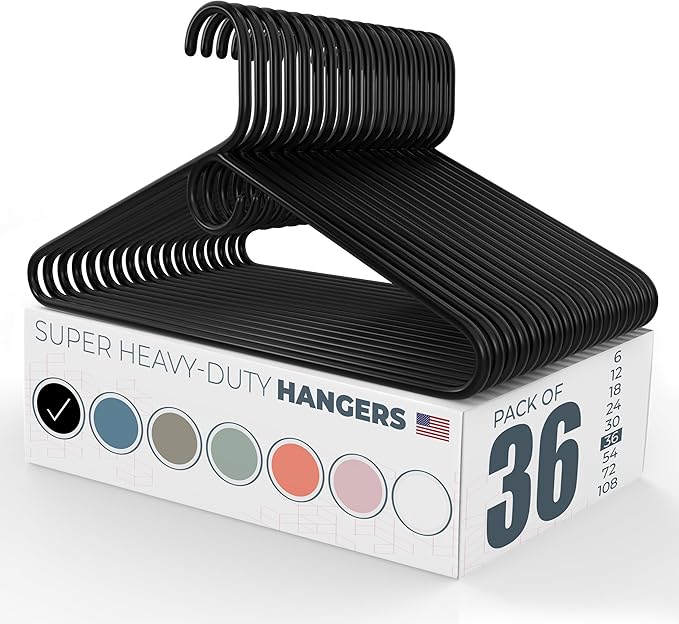 Neaties Super Heavy Duty Clothes Hangers 36 Pack – Made in The USA - 10lb Capacity, Thick Plastic Hangers for Pants, Coats, Jackets, Jeans and Adult Clothing – Black