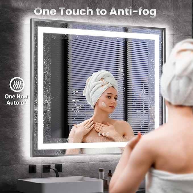 Amorho 48" X30" LED Bathroom Mirror, Brushed Nickel Framed Mirror with Front Light and Backlit, Stepless Dimmable, Anti-Fog, Shatter-Proof, Memory, 3 Colors