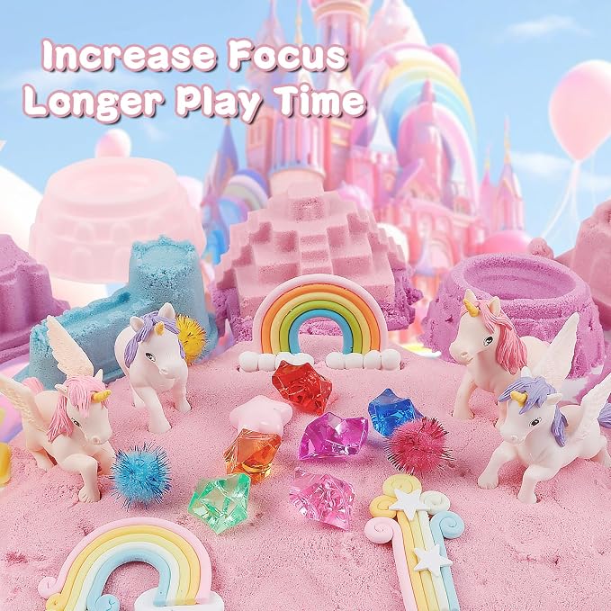 Volmop Unicorn Sensory Bin for Girl, 148pcs Play Sand Art Kit with Sandbox, 3.3lb Color Sand,Unicorn Tactile Sensory Toy for Girl Toddler Ages 3-8