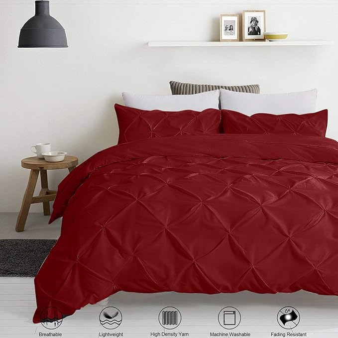 Pinch Pleated Duvet Cover Set 100% Brushed Microfiber 3PC Super King Size 98x108 Duvet Cover Set, Decorative Pinch Design Burgundy Duvet Cover with Matching Pillow Case