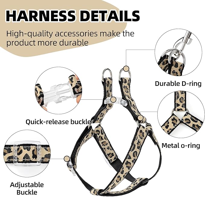 Mile High Life Leopard Dog Harness Collar Leash Set, Adjustable No Pull Dog Halter Harness for Small Breed Dogs, Easy Control for Training Walking (Black, M Chest 15"-21", Neck 13"-17")