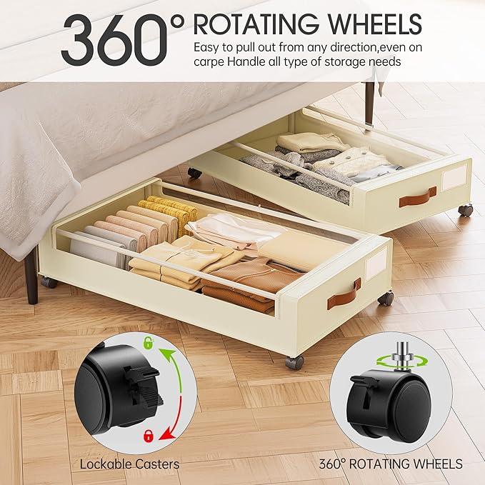Yecaye Under Bed Storage with Wheels, 2 Pack Under Bed Storage Containers, 60L Underbed Shoe Storage with Clear Window & Label, Rolling Under Bed Metal Drawer for Clothes, Shoes, Books, Blankets