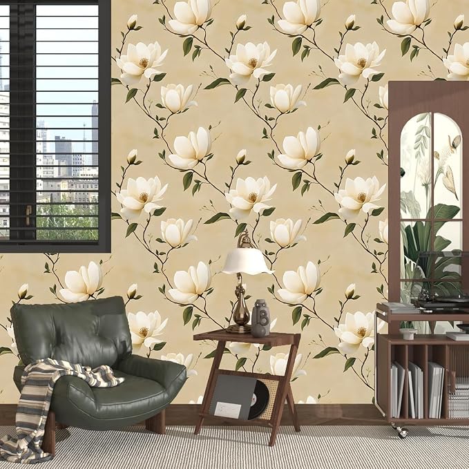 Floral Peel and Stick Wallpaper Vintage Khaki Contact Paper 17.5''x393'' Vinyl