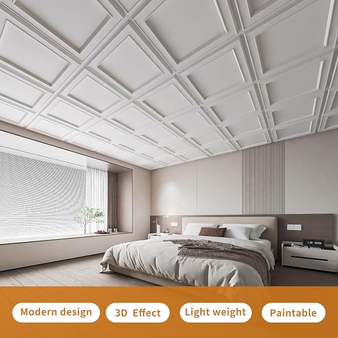 WOWSTAR 12-Pack 24"x24" Drop Ceiling Tiles, Waterproof Glue up Ceiling Panels
