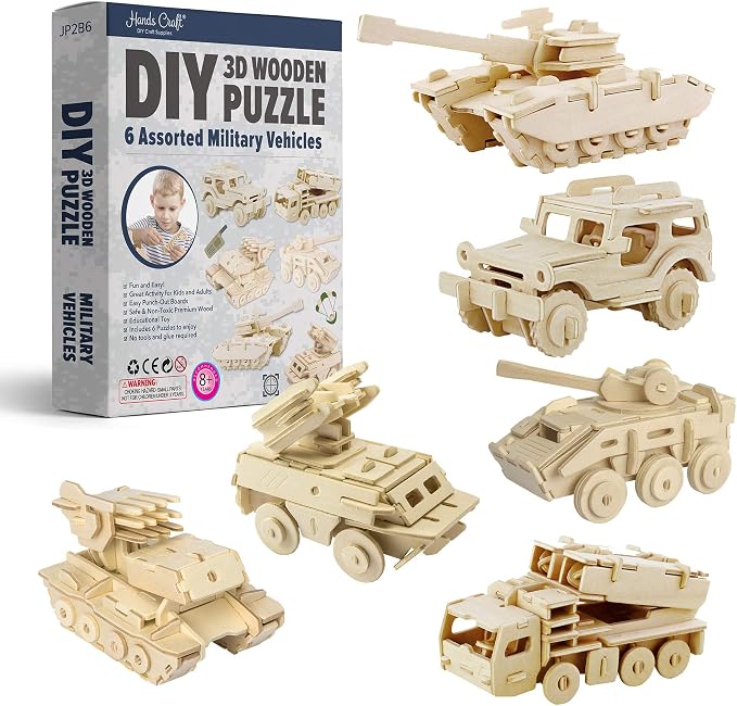 Hands Craft DIY 3D Wooden Puzzle – 6 Assorted Military Vehicles Bundle Pack Set Brain Teaser Puzzles Educational STEM Toy Adults and Kids to Build Safe and Non-Toxic Easy Punch Out Premium Wood JP2B6