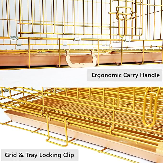 HOMEY PET Copper Gold Dog Crate 30 Inch, Portable Folding Metal Wire Dog Kennel Pet Dog Cage with Removable Floor Grid, Pull Out Pan, Double Doors, Handle for Medium-Small Breed Dogs Indoor Travel