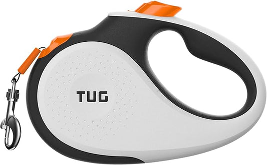 TUG 360° Tangle-Free Retractable Dog Leash with Anti-Slip Handle | 16 ft Strong Nylon Tape | One-Handed Brake, Pause, Lock (Large, White/Orange)