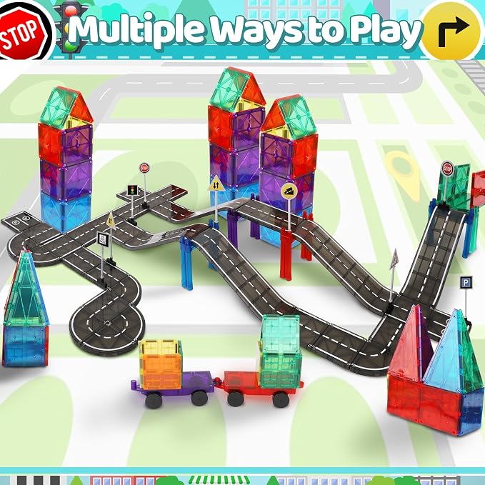 Playmags Magnetic Tiles Road Set for Kids - 130-Pieces Magnet Building Blocks Toy - Durable Creative STEM Learning Toys with Curved & Straight Car Race Track for Kids Ages 3+