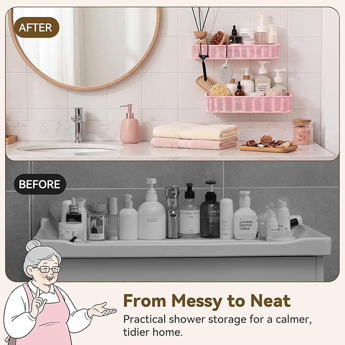 GRANNY SAYS 2 Pack Wicker Shower Caddy Hanging, Shower Shelf for Inside Showers, Adhesive Shelves for Bathroom Organizers and Storage, Bathroom Shelves Wall Mounted with 4 Hooks for Home Decor, Pink