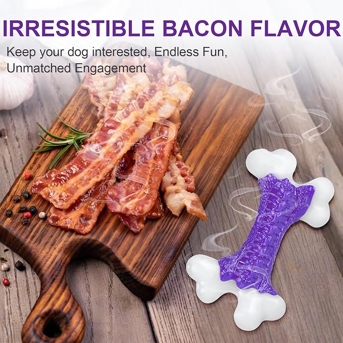 Indestructible Dog Toys for Aggressive Chewers: Bacon Flavored Hard Nylon Bone Chew Toys, Tough Dog Chew Toys for Large Dogs, Dog Toys to Keep Them Busy for Medium Large Breed, Purple