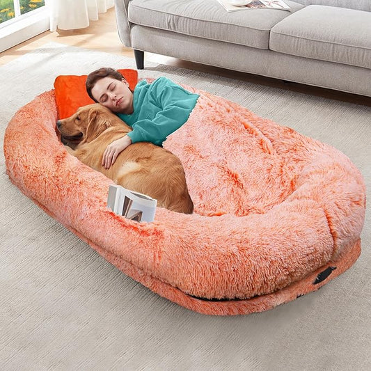 YAEM Human Dog Bed for Adult and Pets - 71"x45"x12" Dogs Beds for Humans with Washable Faux Fur Cover, Plump Pillow, Blanket, Orthopedic Design, Strap-OrangeWhite