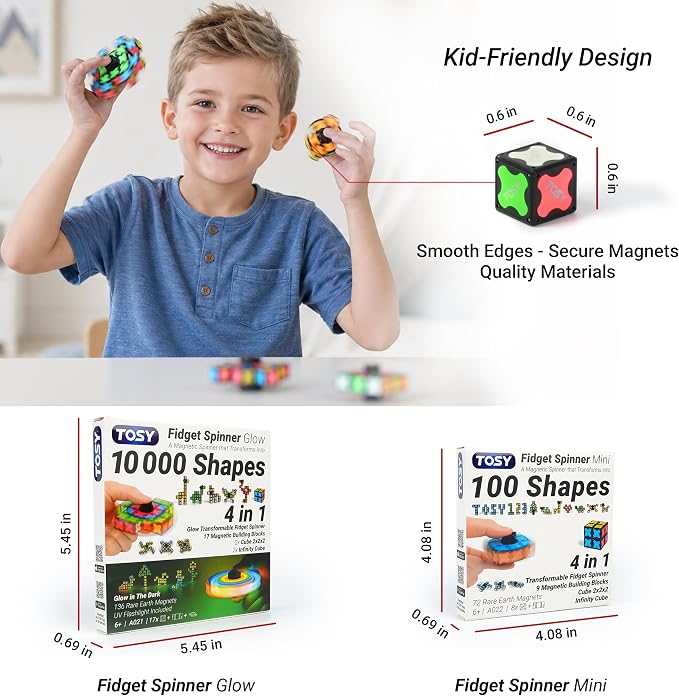 TOSY Magnet Fidget Spinner Mini - 8 Blocks, 3 in 1 Toy: Transformable Fidget Spinner, Infinity Cube, 2x2 Puzzle Cube, Stress Relief, STEM Magnet Tiles Birthday Gift for Kids/Boys/Girls/Adults, 2-Pack