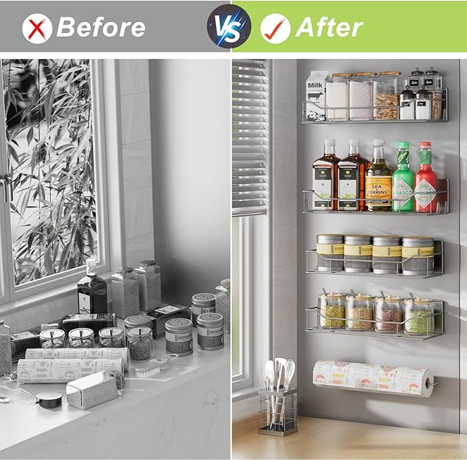 Magnetic Spice Rack for Refrigerator, 6 Pack Strong Magnet Spice Organizer with Paper Towel Holder, Utensil Holder, Moveable Magnetic Fridge Shelf for Kitchen Organization and Storage (Grey)