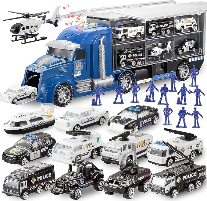 JOYIN 25 in 1 Police Rescue Truck Car Toy Set with Sounds and Lights, Mini Vehicles in Carrier Truck, Play Police Patrol Rescue Vehicle Toy, Birthday Gifts for Over 3 Years Old Boys