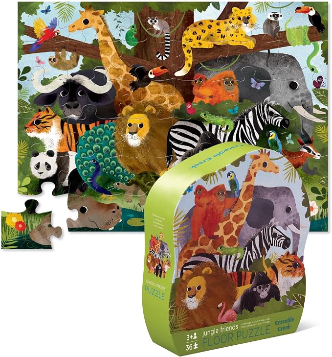 Crocodile Creek 36-Piece Jigsaw Floor Puzzle - Fun Floor Puzzles for Kids Ages 3-5 - Heavy-Duty Shaped Box for Storage - Jungle Friends - 24" W x 18" H Finished