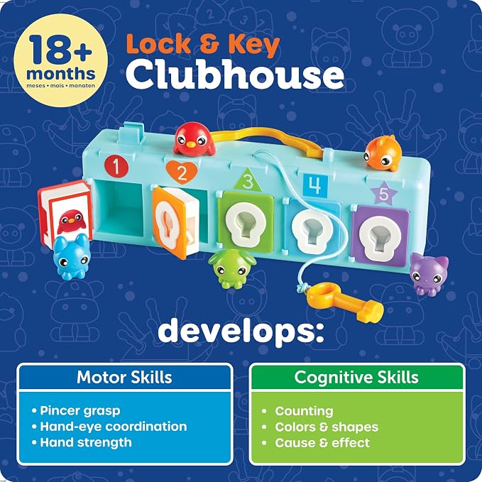 Learning Resources Lock & Key Clubhouse, Counting and Fine Motor Games, Combination Lock Toy , Montessori Activity Center For Kids, Preschool Learning Activities, Boy and Girls Gifts