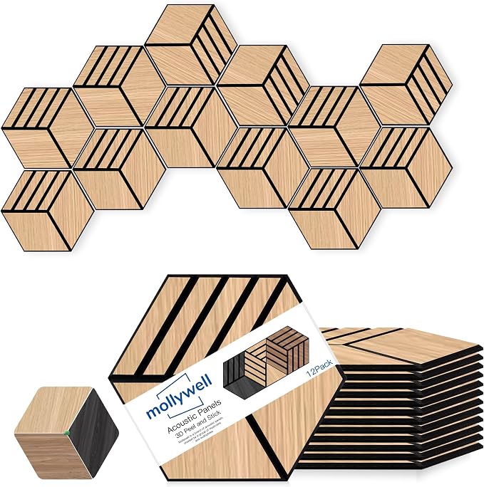 Mollywell Acoustic Panels, PVC Wood-Grain, 14x12 Inch Hexagon Carved Sound