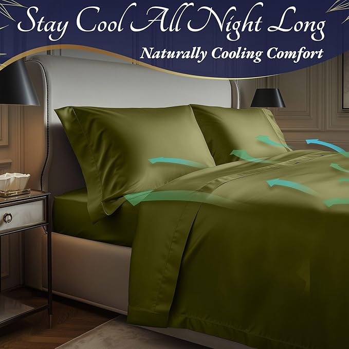 DECOLURE 100% Viscose Derived from Bamboo Sheets Queen Size 4pcs - Ultra Soft & Luxuriously Cooling, 17" Deep Pocket, Double Stitching,Perfect for Hot Sleepers - Queen Bed Sheets (Light Olive)