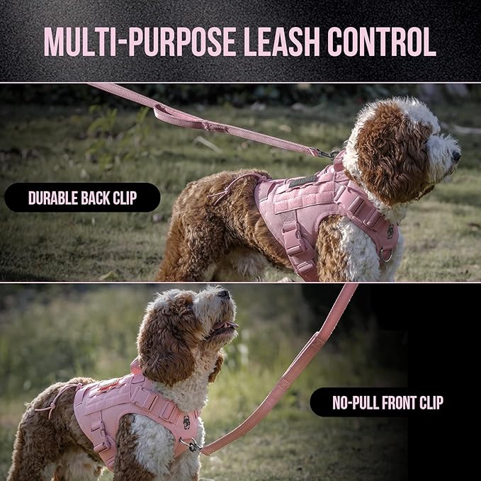 OneTigris Tactical Dog Harness Vest,No-Pull Service Dog Vest with Hook & Loop Panels,Adjustable Dog Vest Harness for Walking Hiking Training(Pink,L)