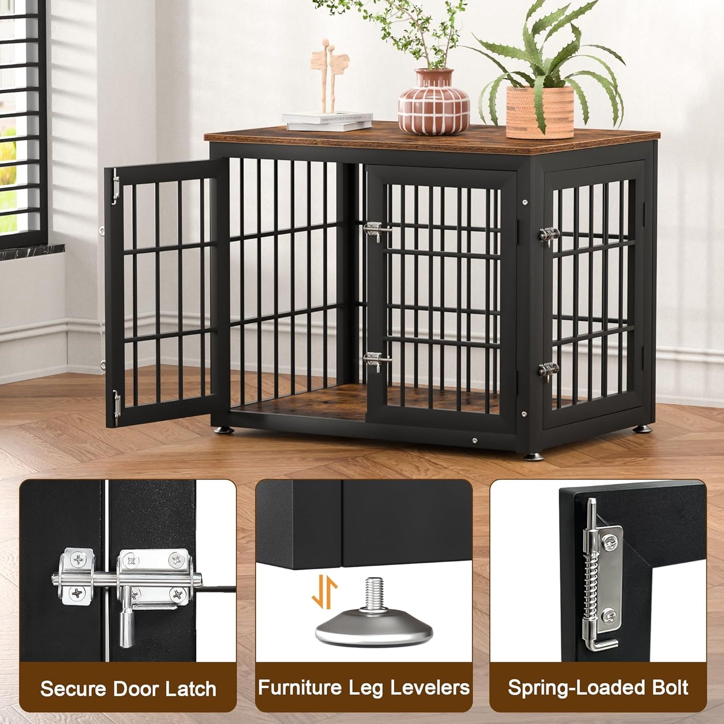 32 Inch Heavy Duty Dog Crate Furniture for Medium and Small Dogs, Decorative Pet House End Table, Wooden Cage Kennel Furniture Indoor, Rustic Brown