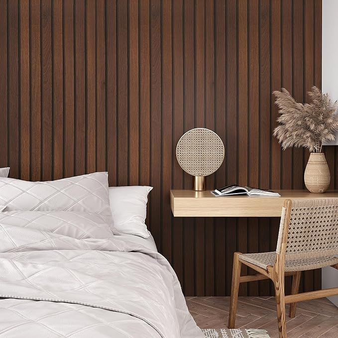 VEELIKE Wide Dark Walnut Wood Slat Peel and Stick Wallpaper Wood Contact Paper