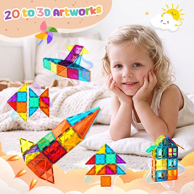 FNJO Magnetic Tiles, 64 PCS Magnetic Building Blocks, Magnets Building Set, STEM Toys for Kids Boys and Girls Creative and Inspirational