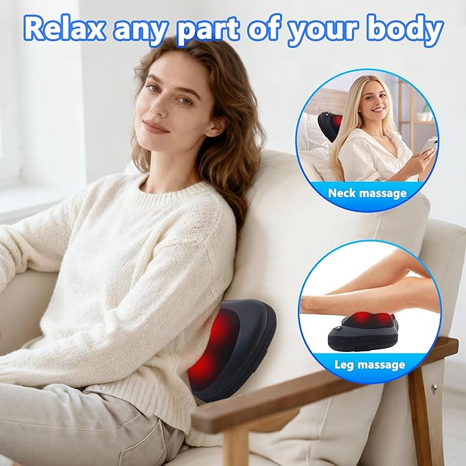 Shiatsu Neck and Back Massager with Heat - Deep Tissue Massage Pillow for Neck, Back & Shoulders Pain Relief, Portable Ergonomic Design Electric Massager for Home, Car, Office Use, Black