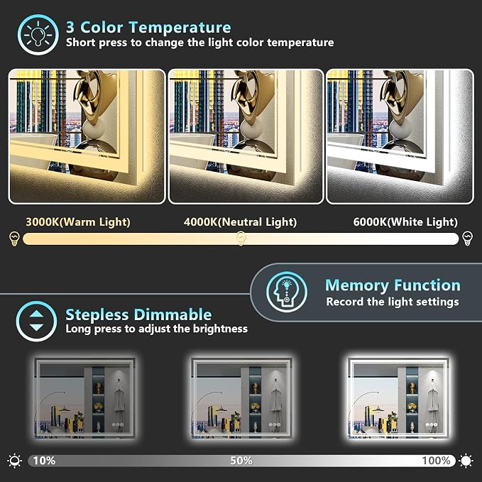 30x36 LED Bathroom Mirror with Lights, Backlit and Front Lit Anti-Fog Lighted