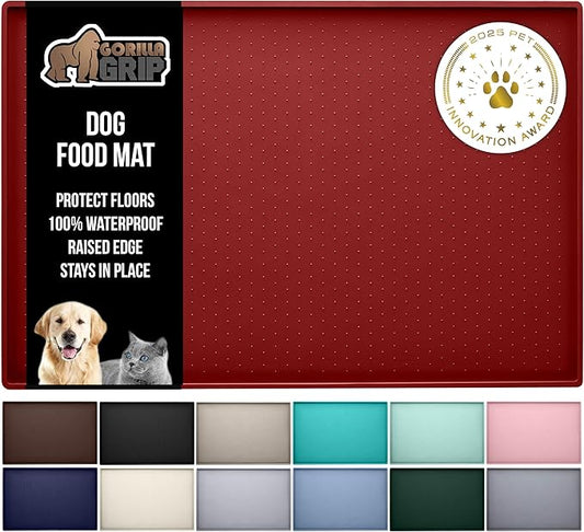 GORILLA GRIP 100% Waterproof Raised Edge BPA Free Silicone Pet Feeding Mat, Dog Cat Food Mats Contain Spills Protects Floors, Placemats for Cats and Dogs Water Bowl, Pets Accessories 23x15 Red