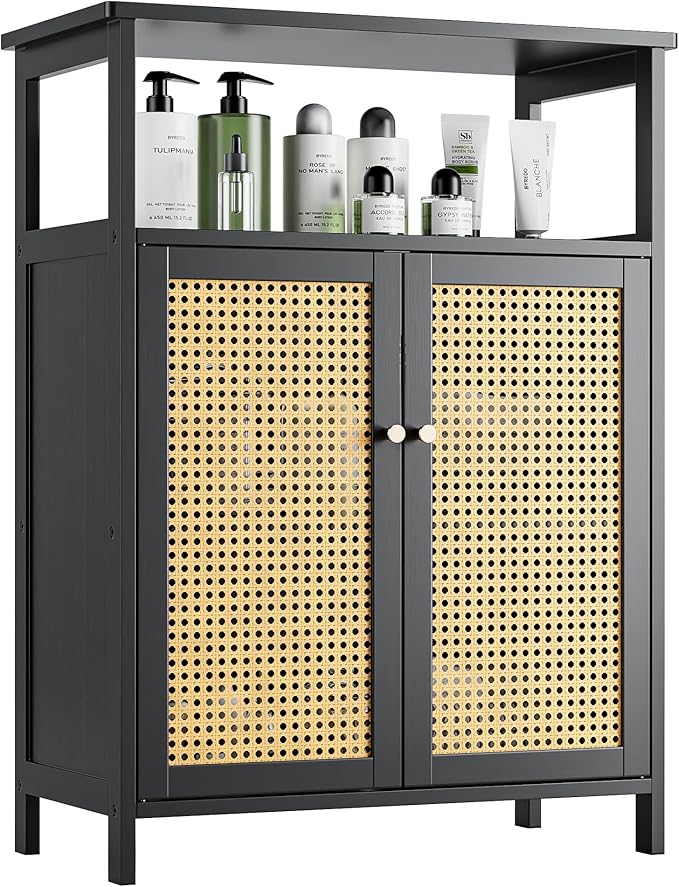 Bamboo Floor Rattan Cabinet, Bathroom Storage Organizer Rack with 2 Doors and 1 Shelf, Space Saving Wood Kitchen Cupboard, Hallway Side Table, Living Room Freestanding Stand (Black)