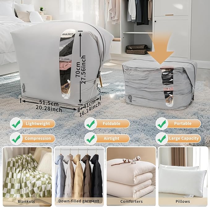 2 Pack Reusable Vacuum Compression Space Saver Bag,Waterproof Professional IP67 Zip Vacuum Bags for Packing Organizers,Lightweight Compression Packing Bags for Home Family(No Pump)
