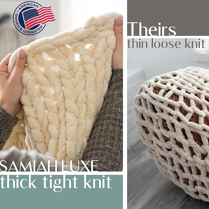 SAMIAH LUXE Chunky Knit Blanket Throw 50x30", Cream Chenille Chunky Knit Throw Blankets for Living Room Decor or Boho Decor, Personal Lap Blanket for Couch or Bed, Cable Knitted Crochet Lap Blankets