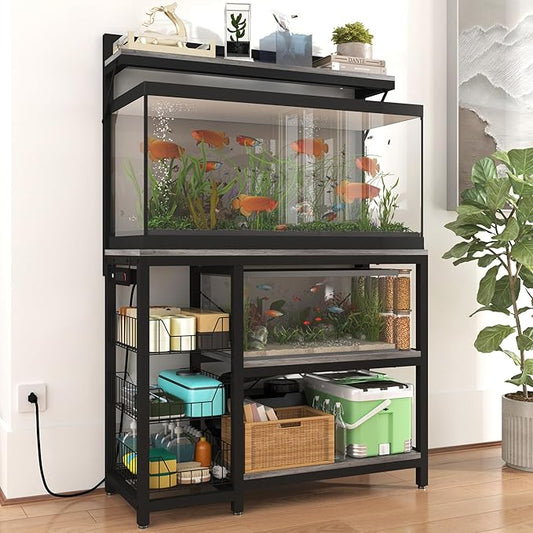 Aquarium Stand with Power Outlets,55-70 Gallon Fish Tank Stand with 3 Baskets,2 Storage Shelf, 5-Tier Heavy Duty Metal Tank Stand Suitable for Turtle Tank, Reptile Terrarium