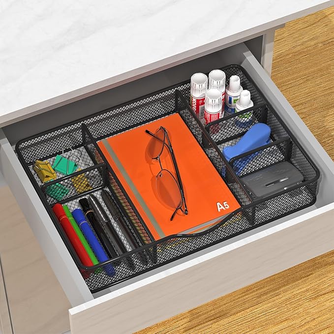 Desk Drawer Organizer, Metal Mesh Drawer Organizer Tray with 6 Adjustable Compartment, Tray Organizer for Desktop, Kitchen, Bathroom, Makeup, Vanity - 14.5x8.8x1.96 inch, Black, 1PC Large