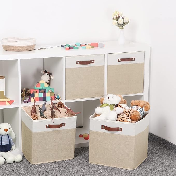 Temary Cube Storage Bins 13 Inch Fabric Storage Cubes Storage Baskets for Shelves Closet Baskets for Cube Storage with Leather Handles, Cloth Organizer Bins for Home