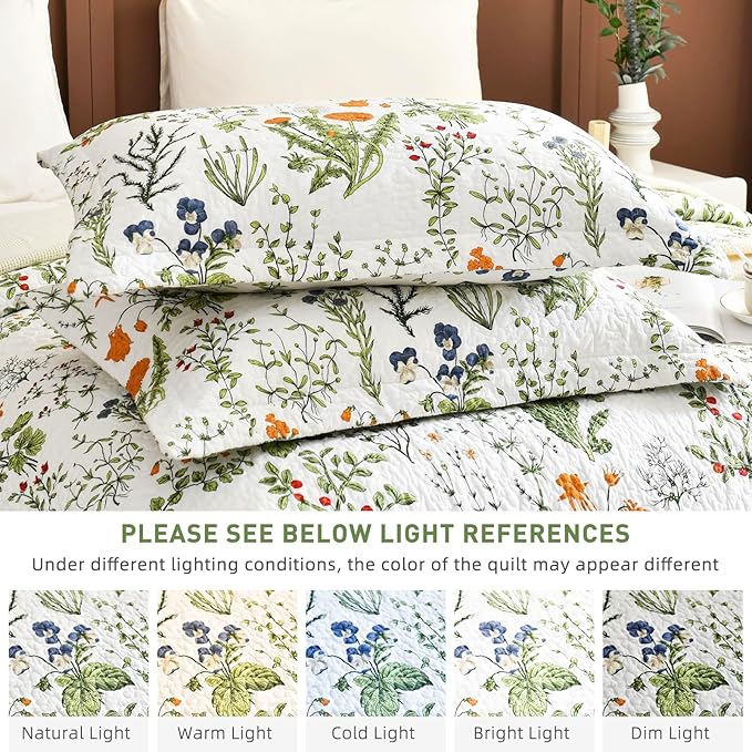 Lady Ann 100% Cotton Floral Quilt Sets Queen - Yellow Flowers & Leaves Pattern Plant Botanical Printed Quilted Bedding, 3 Pcs Lightweight Extra Soft Queen Bedspread Coverlet Set for All Season