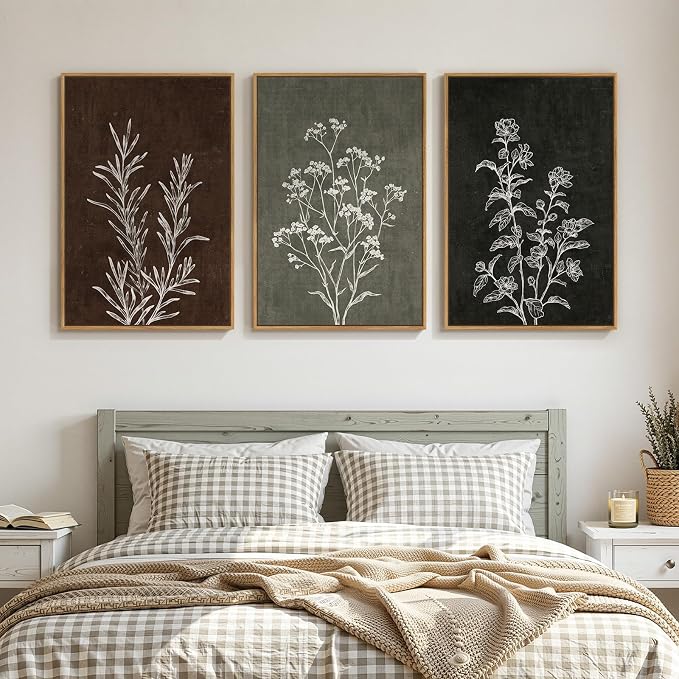 Framed Boho Botanical Wall Art for Living Room, 3 Piece Rustic Floral Canvas