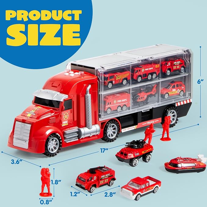 JOYIN 25 in 1 Fire Truck Vehicle Toy Set with Sounds and Lights, Fire Engine Vehicles in Carrier Truck, Mini Rescue Emergency Car Toy, Birthday Gifts for Over 3 Years Old Boys