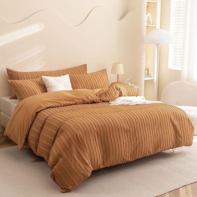 JELLYMONI Duvet Cover Full Size Rust - 3PCS Boho Striped Duvet Cover Set Polyester Tufted Bohemian Textured Comforter Cover 80×90in with Corner Ties & Zipper and 2 Pillowcases
