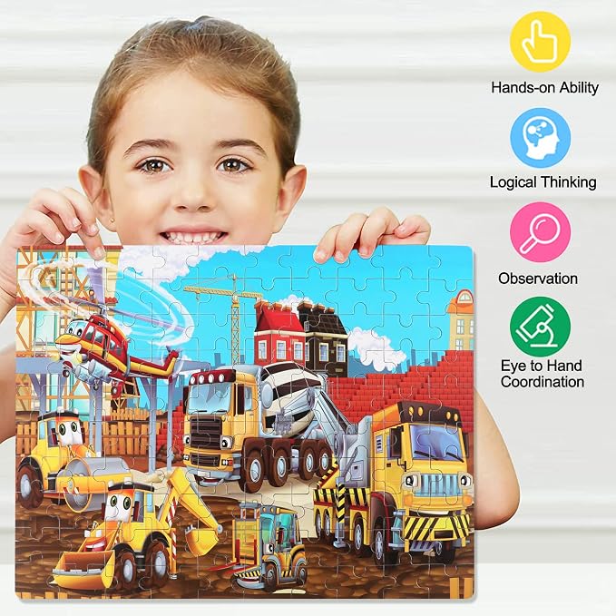 LELEMON Puzzles for Kids Ages 4-8 Construction Vehicles 100 Piece Puzzles for Kids Educational Jigsaw Puzzles Toys Gift for Boys Girls Age 4, 5, 6, 7, 8 Years Old