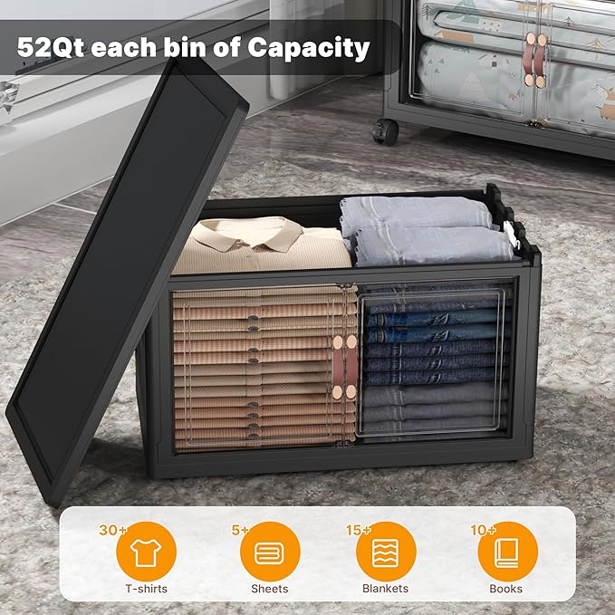 Extra Large Stackable Storage Bins with Lids & Wheels & Door, 416QT-52QT/13GAL*8Pack Foldable Collapsible Closet Organizers, Plastic containers drawers for bedroom Dorm