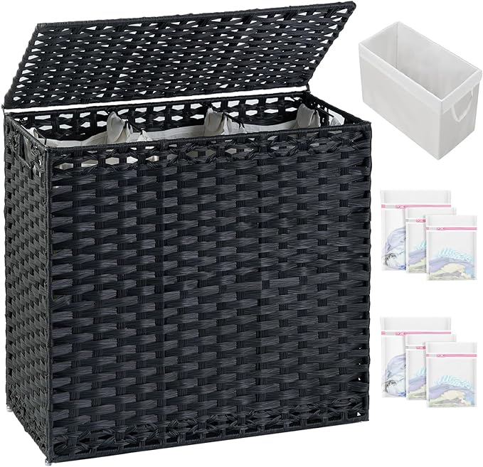 Laundry Hamper with Lid Laundry Basket 132 L (35 Gal) Wicker Clothes Hamper, Handwoven Rattan Hamper with Handles and 4 Removable Liner Bags, 6 Mesh Bags for Laundry Bedroom Black