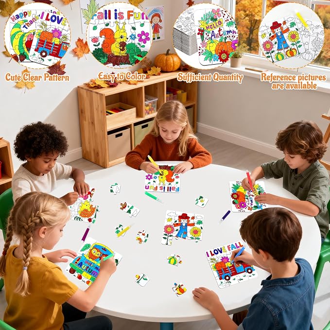 24Pcs Fall Thanksgiving Crafts for Kids Autumn DIY Coloring Puzzle Art Kit | Large Pumpkin Turkey Jigsaw, Friendsgiving Gift Party Favors, Classroom Activity, Art Game Toy, Craft Paper Bulk Supplies