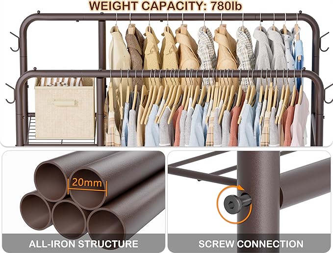 Double Rods Clothes Rack Clothing Rack with 4 Tier Storage Shelves Clothes Rack for Hanging Clothes Multifunctional Heavy Duty Clothes Organizer with Hooks for Bedroom,Wardrobe Closet,Shop,Brown