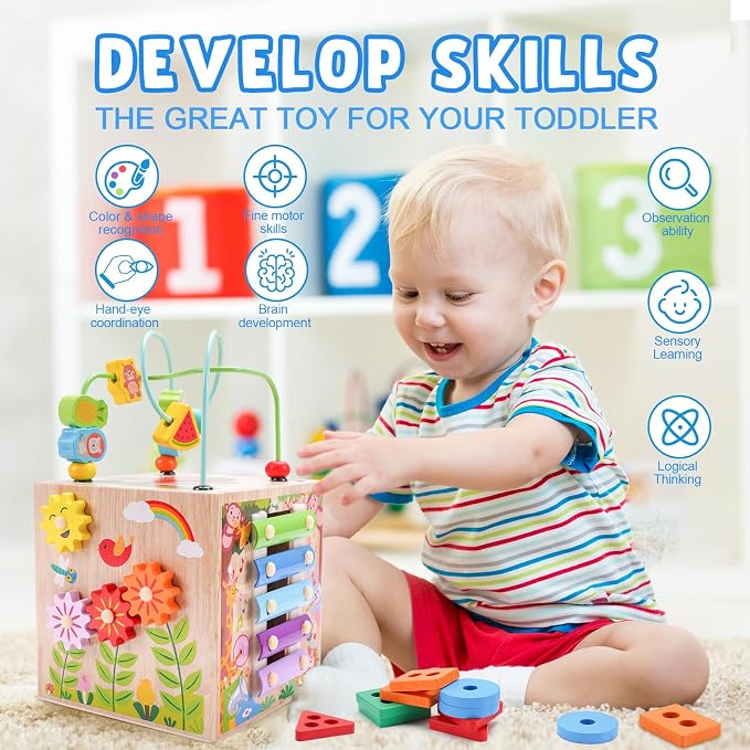 Wooden Activity Cube | Montessori Toys for 1 2 3 Year Old Toddler Gifts | One Year Old 1st First Birthday Gift | Educational Toys for 12+ Months Baby Boys Girls | Bonus Sorting & Stacking Game (Pink)